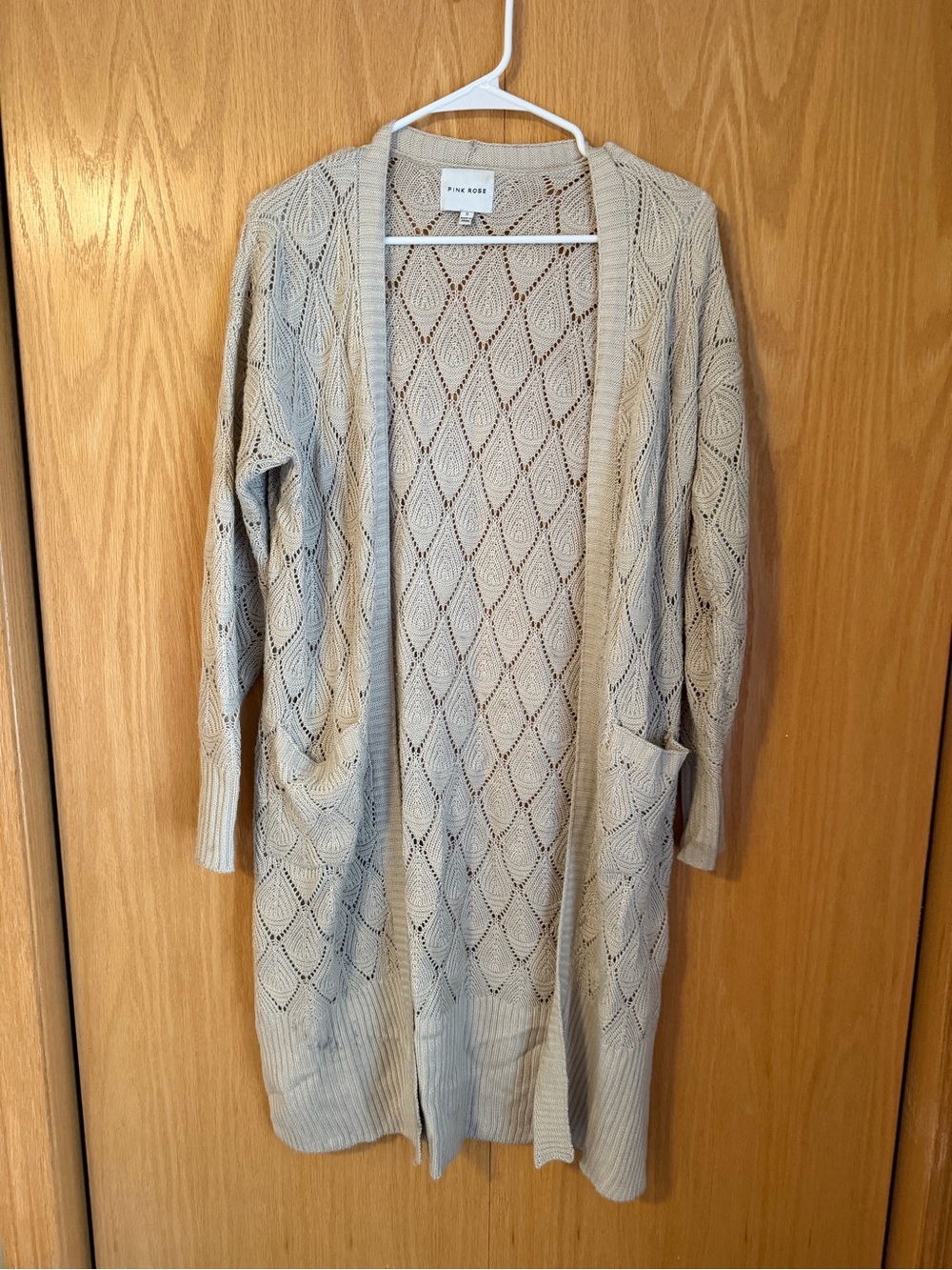 Pink Rose Open-Front Diamond Knit Cardigan - Beige